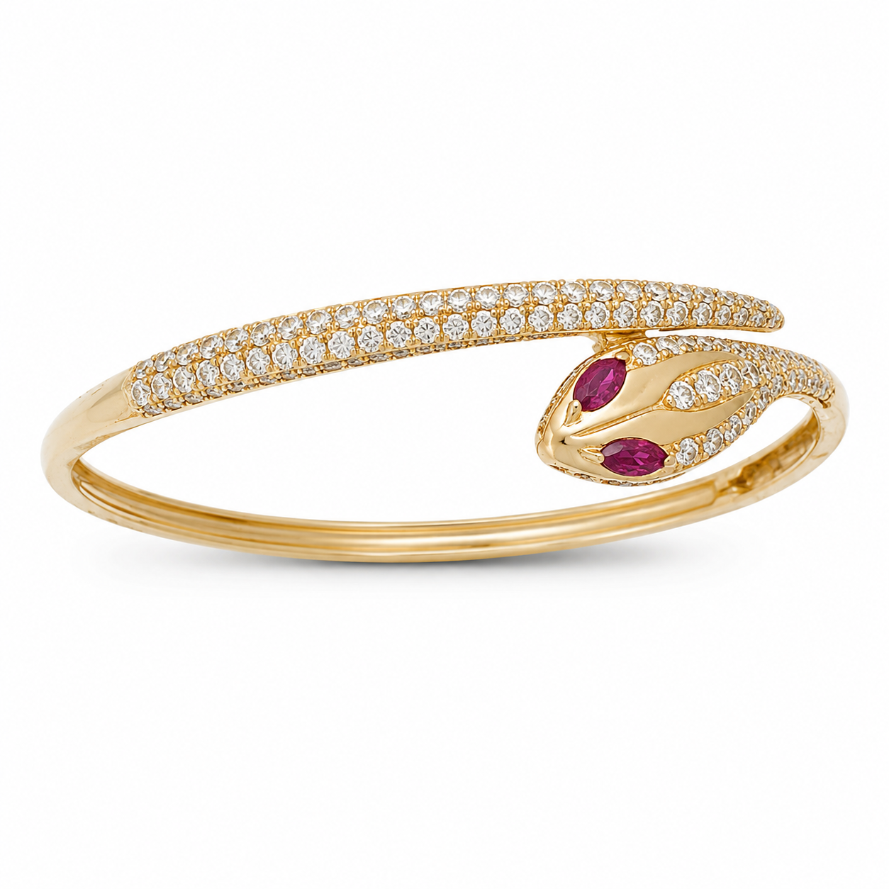 Diamond snake bangle bracelet in yellow gold with ruby eyes — ELUL by Elizabeth