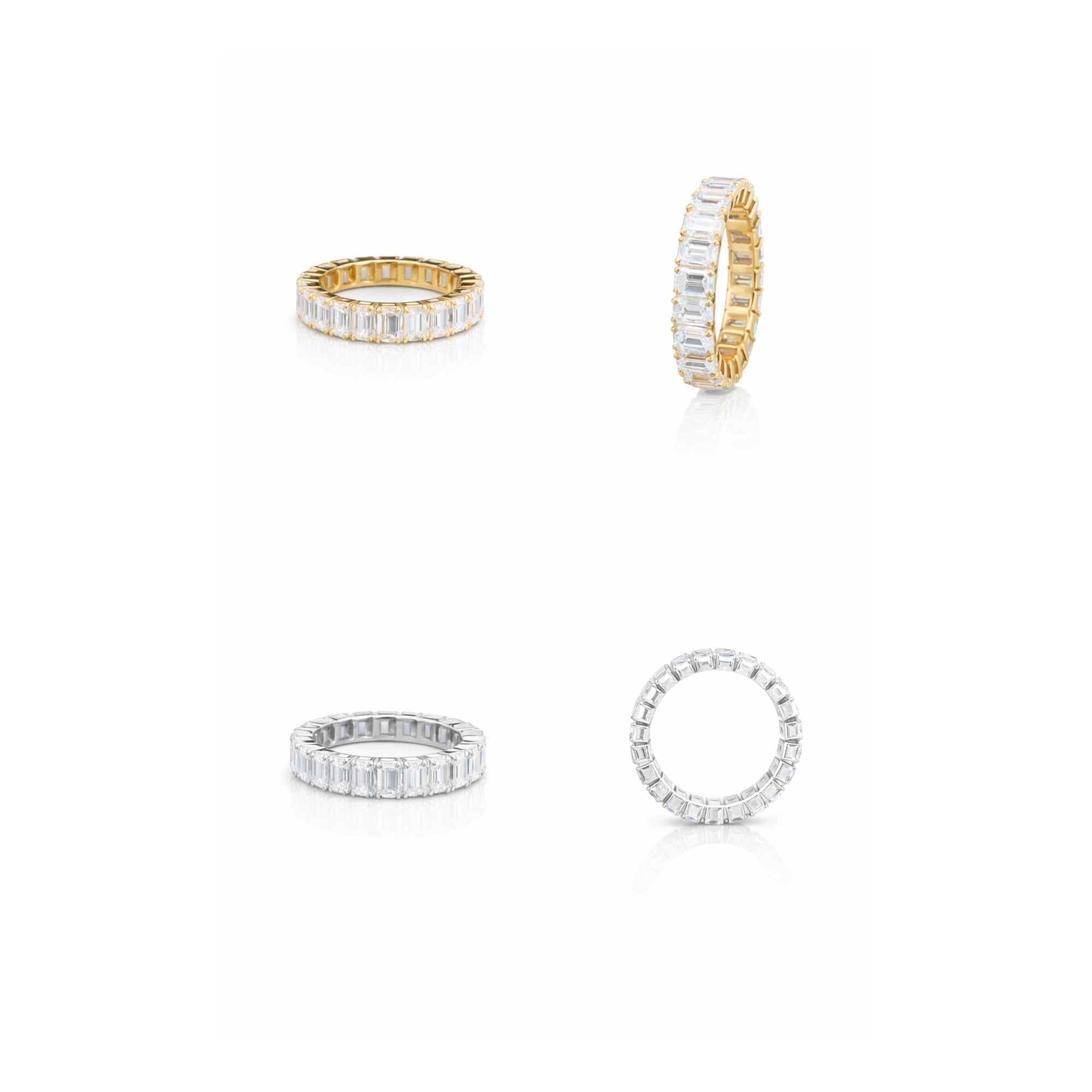 Emerald cut eternity bands in yellow gold, white gold, and rose gold — ELUL by Elizabeth