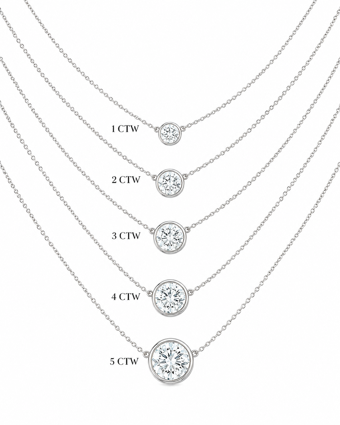 Muse Round Bezel Necklace layering options — round diamond bezel pendants, white gold — ELUL by Elizabeth