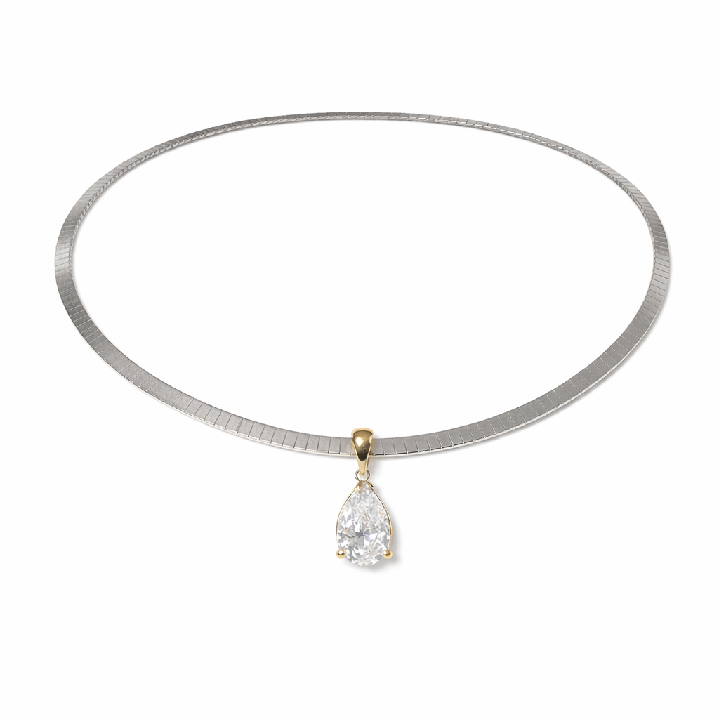 Noor Pendant Omega Necklace close-up — pear diamond drop, white gold omega chain — ELUL by Elizabeth