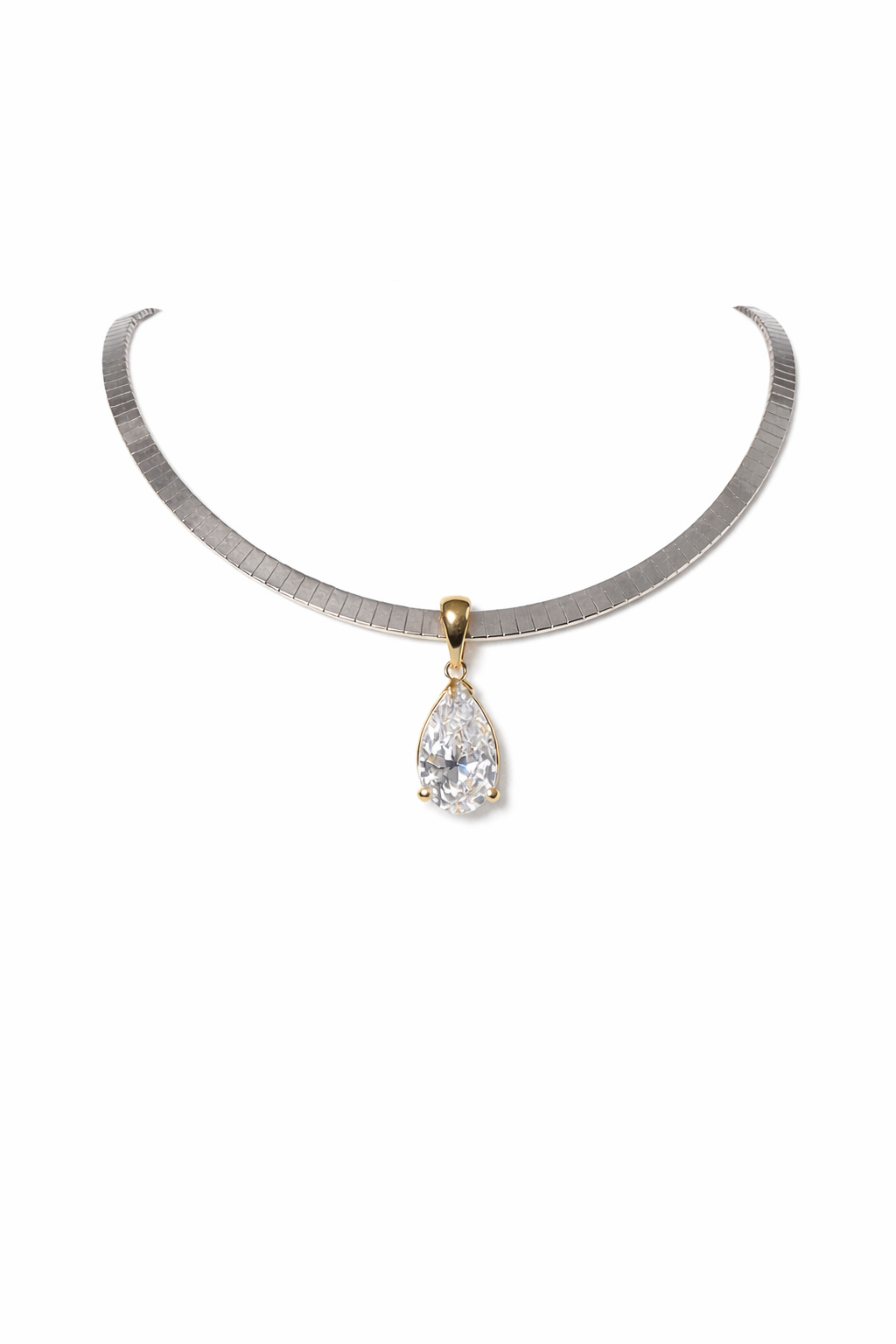 Noor pear diamond pendant on white gold omega chain necklace — ELUL by Elizabeth