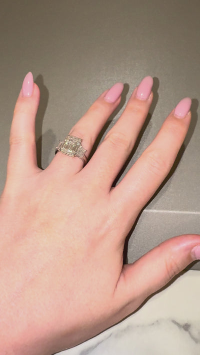 Ness Emerald 3 Stone Engagement Ring worn on hand — 5.04 ct IGI emerald-cut lab diamond, white gold — ELUL by Elizabeth