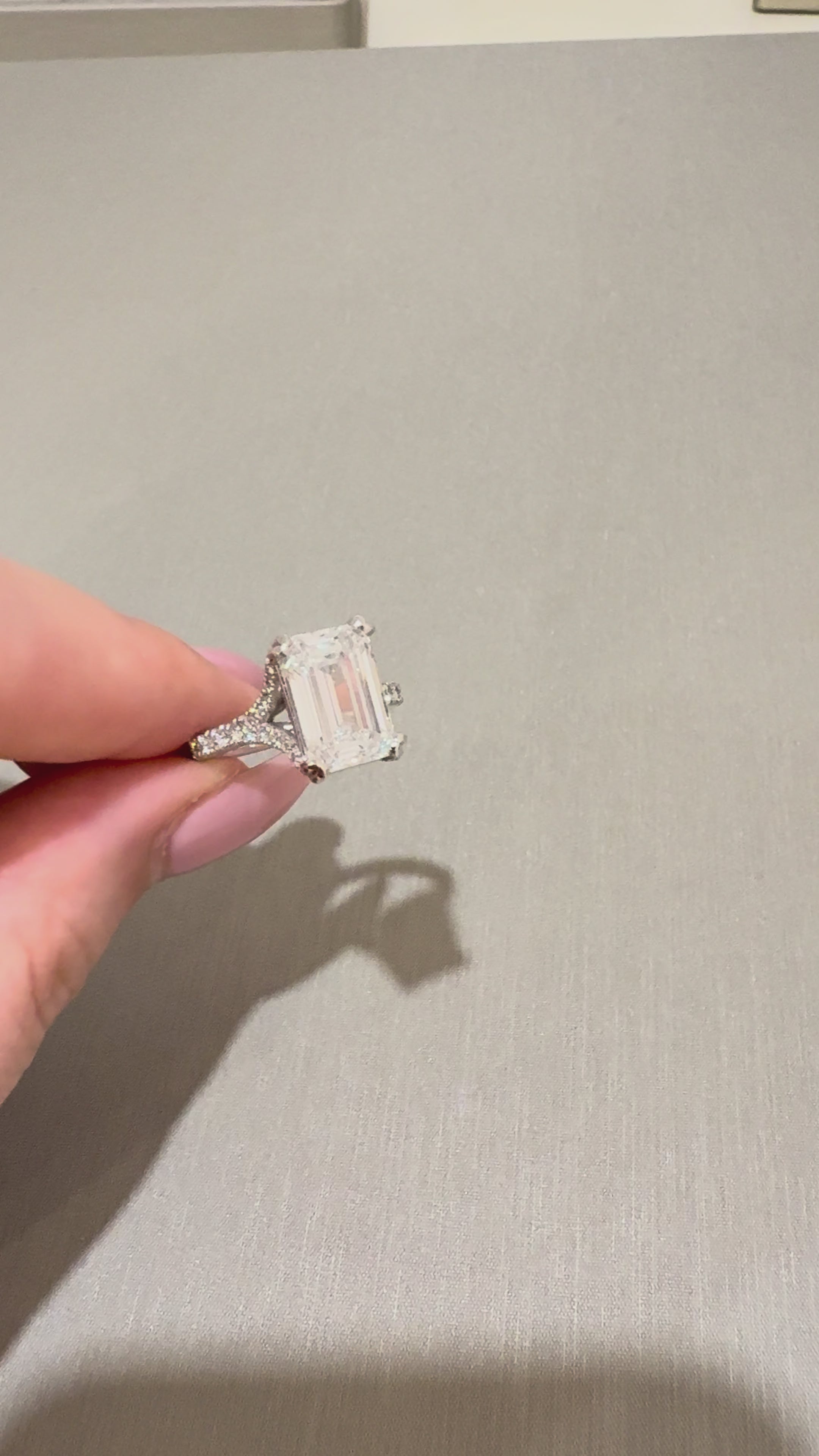 Ness Emerald Engagement Ring close-up on hand — emerald-cut lab-grown diamond, white gold — ELUL by Elizabeth