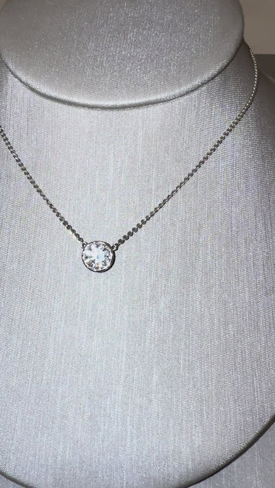 Muse Round Bezel Necklace worn on neck — round lab-grown diamond bezel pendant, white gold — ELUL by Elizabeth
