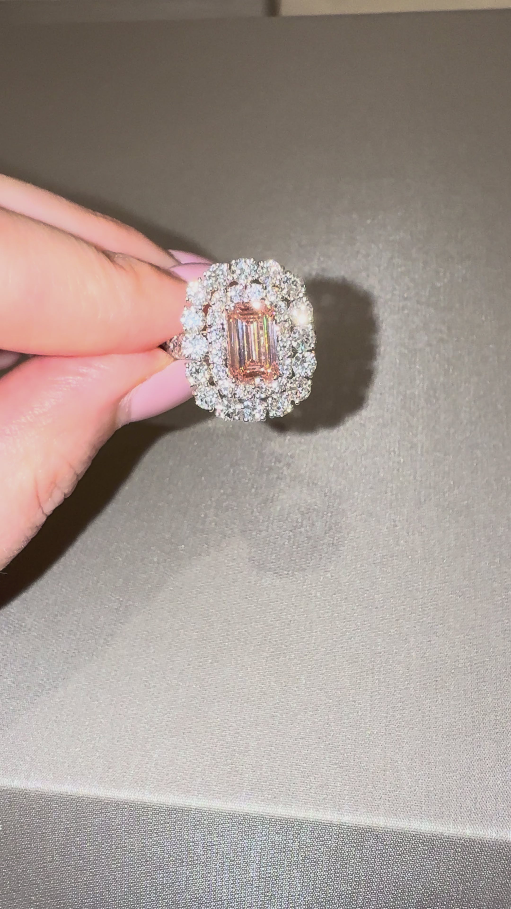 Fancy Lab Pink Diamond Ring in motion — 2 ct fancy pink lab diamond, double halo, white gold — ELUL by Elizabeth