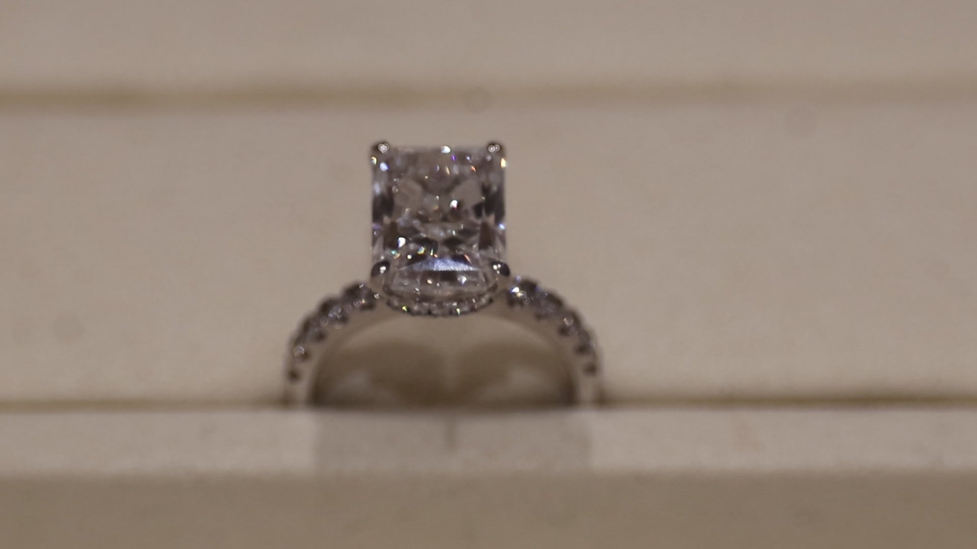 Ness Emerald Engagement Ring worn on hand — white gold, emerald-cut diamond — ELUL by Elizabeth