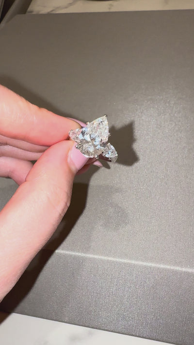 Ness Pear Three Stone Engagement Ring close-up — pear lab diamond, yellow gold — ELUL by Elizabeth