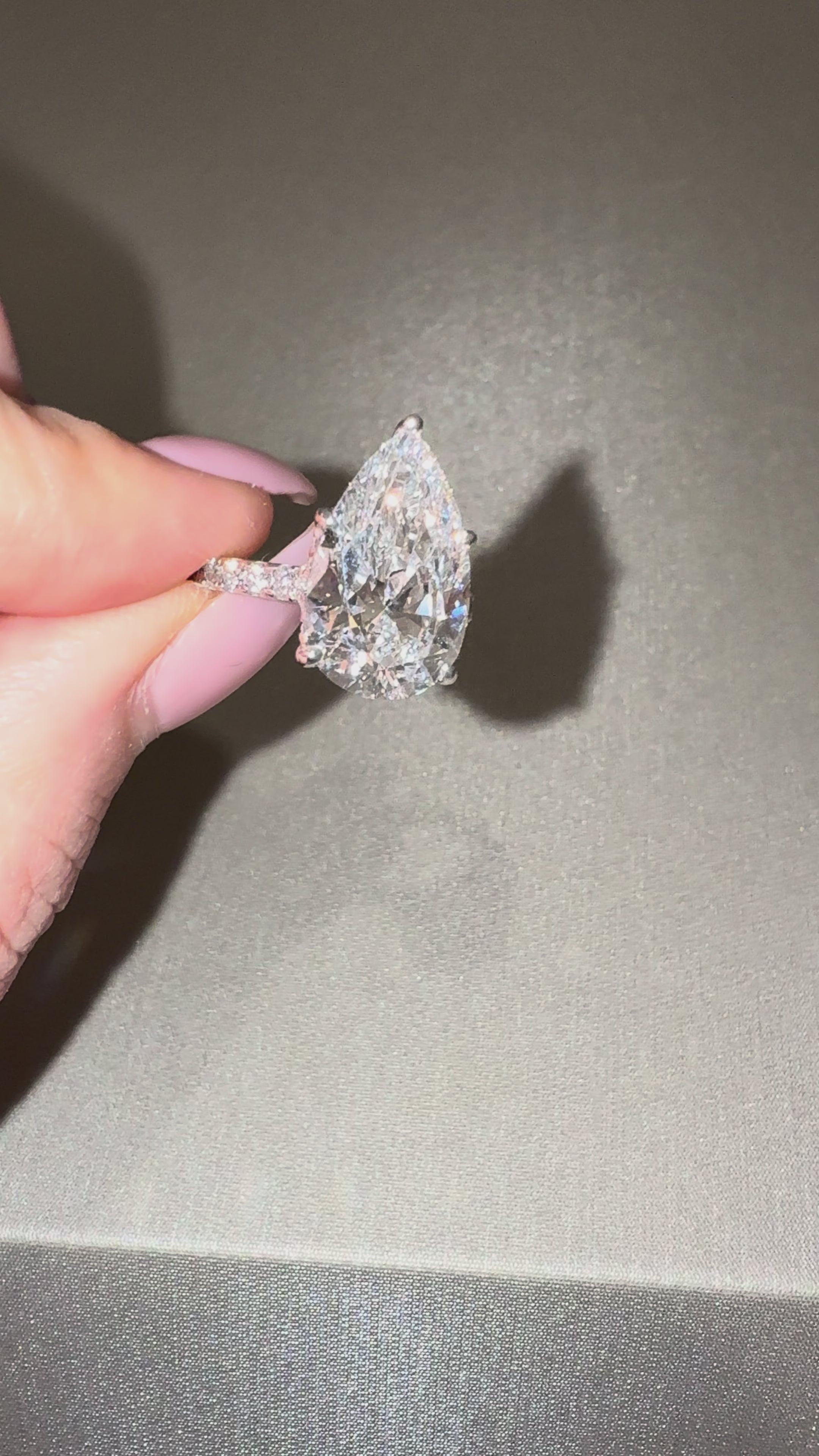 Ness 7ct Pear Engagement Ring in motion — close-up detail, white gold setting — ELUL by Elizabeth