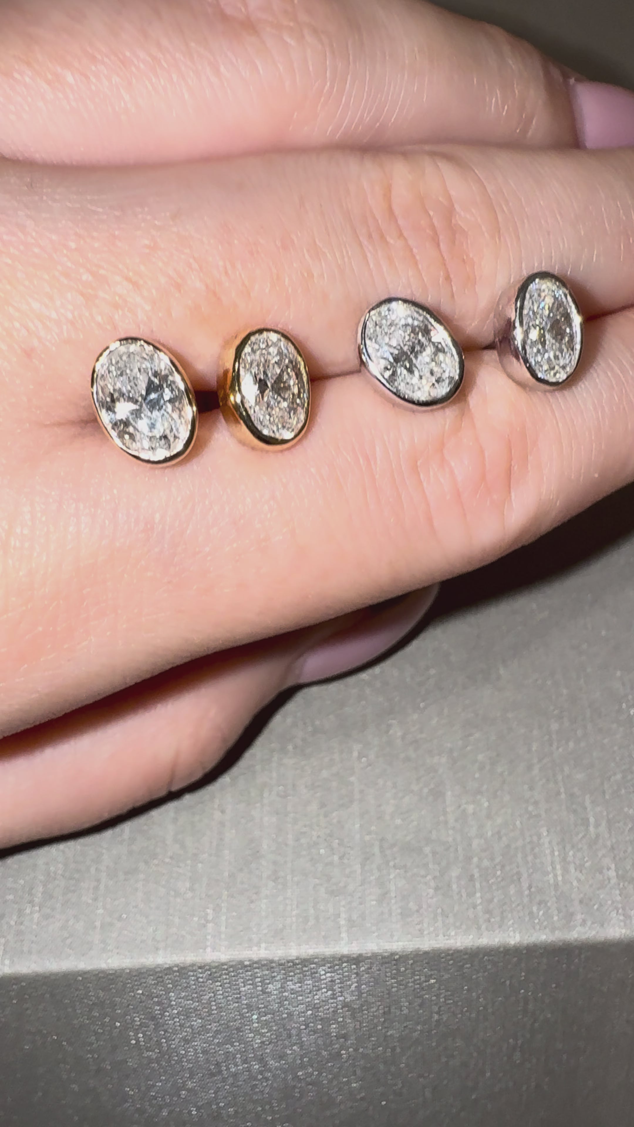 Bina Bezel Diamond Studs worn, second angle — 2 ctw lab diamonds, white gold bezel setting — ELUL by Elizabeth