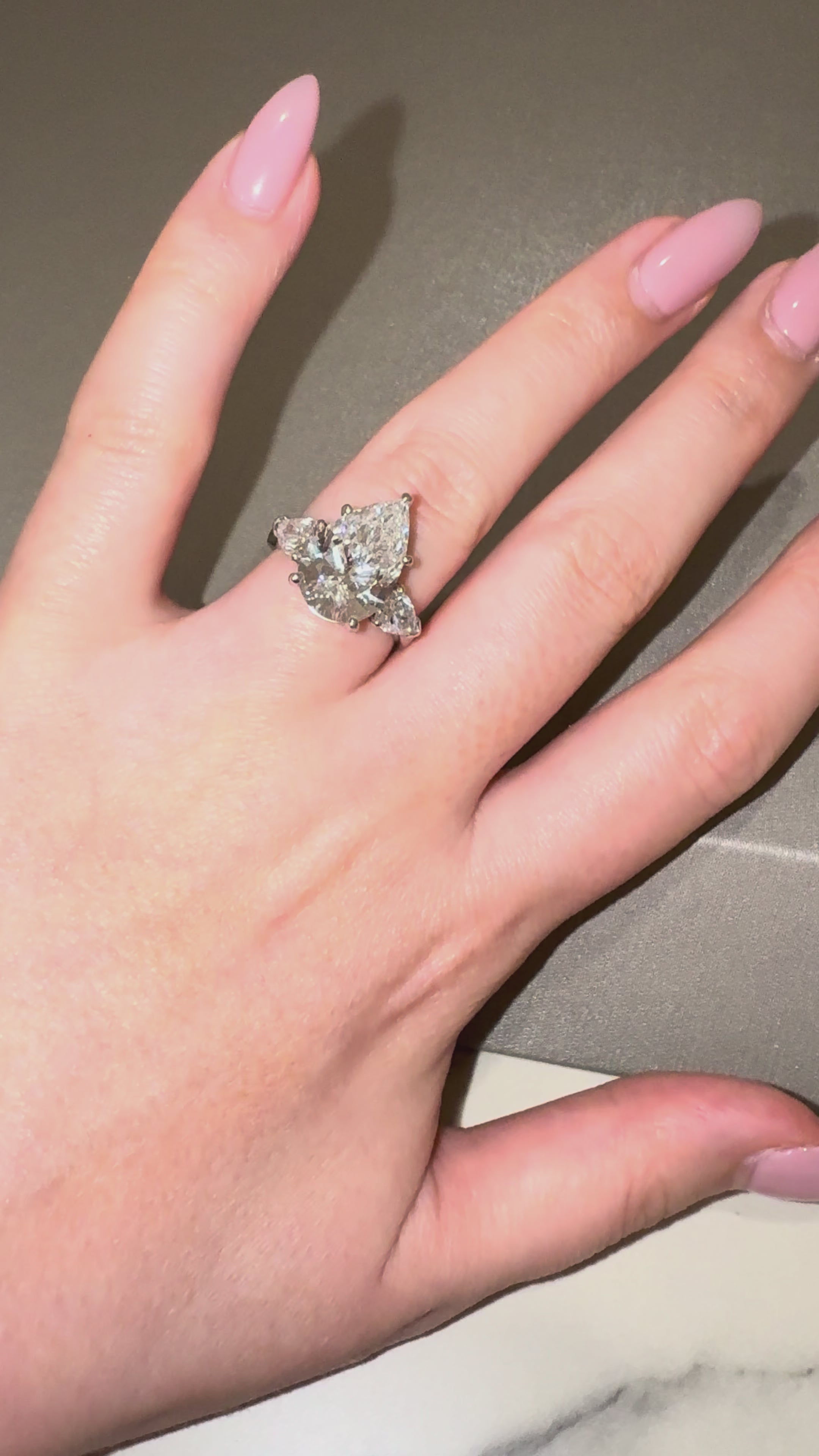 Ness Pear Three Stone Engagement Ring worn on hand — yellow gold, pear lab-grown diamond — ELUL by Elizabeth